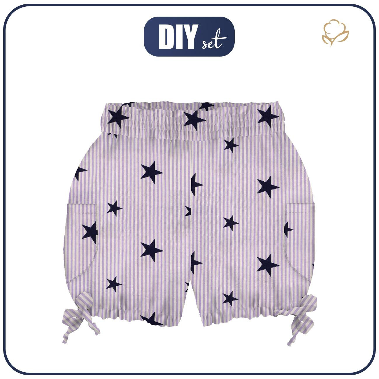 KID`S PUMPY SHORTS - BLACK STARS / PURPLE STRIPES - sewing set