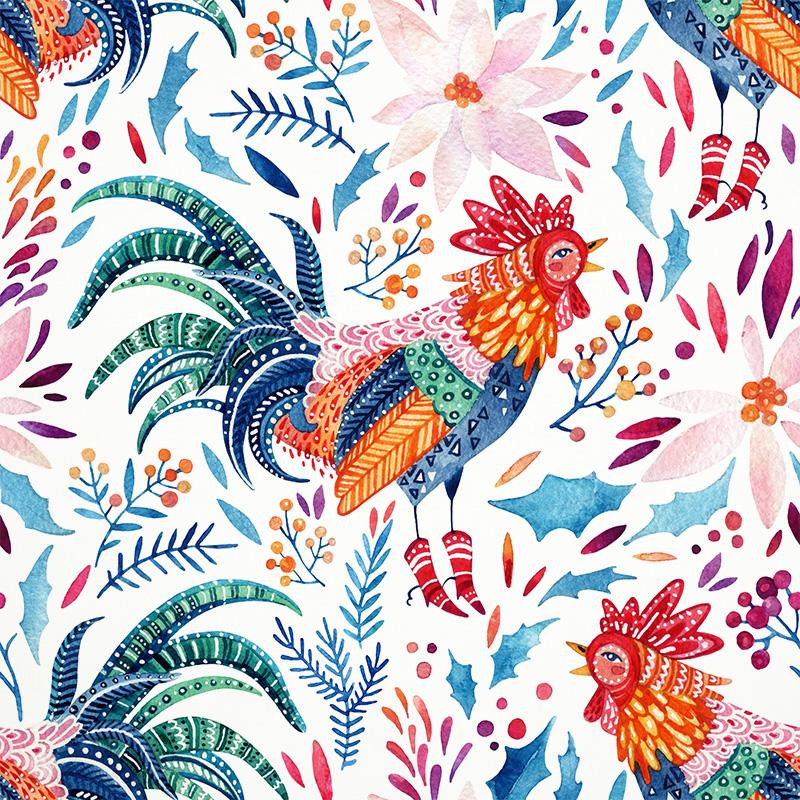 ROOSTERS / white - Cotton woven fabric