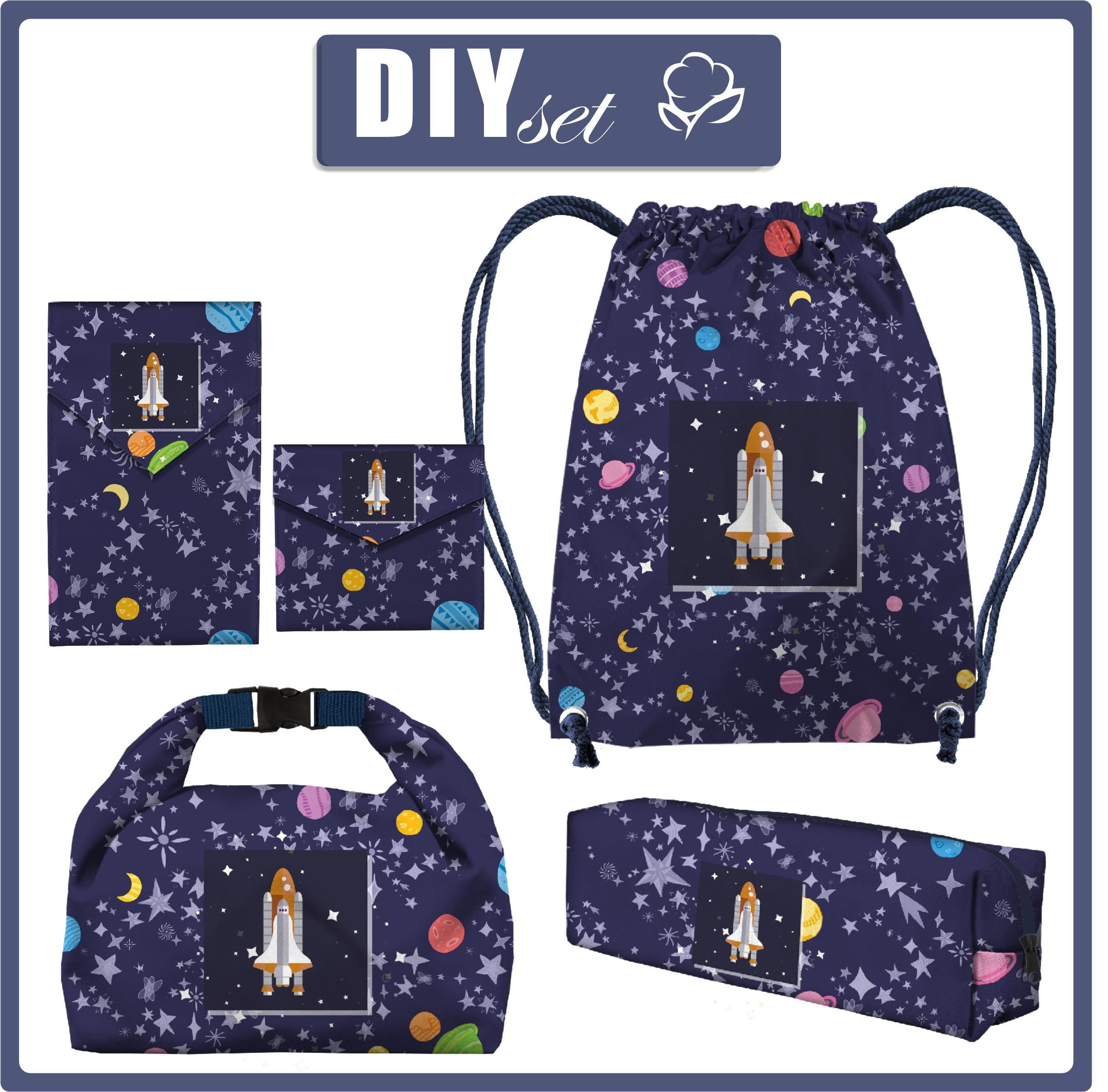 PUPIL PACKAGE - PLANETS AND STARS ( GALAXY ) / dark blue - sewing set