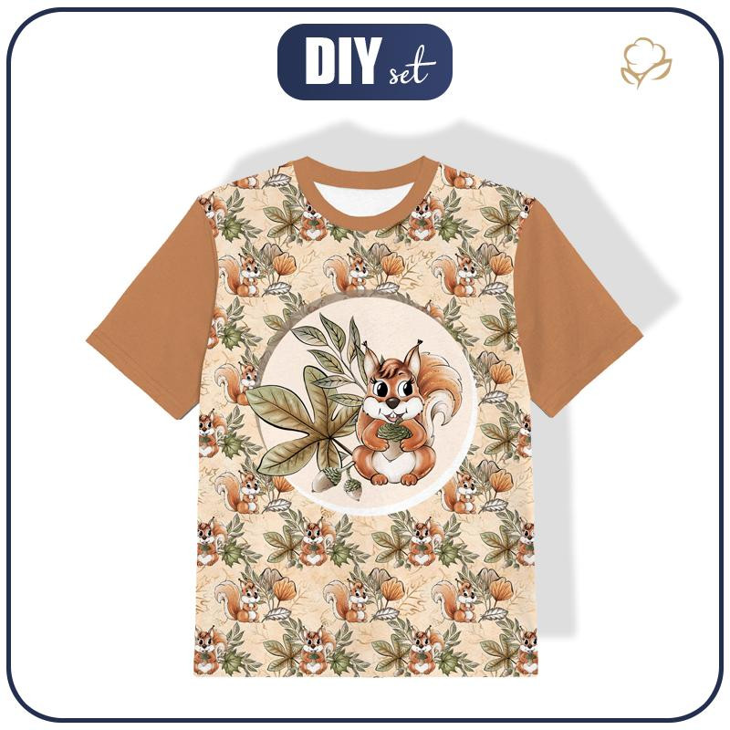 KID’S T-SHIRT - SQUIRRELS AND LEAVES pat. 1 (AUTUMN IN THE FOREST) - single jersey