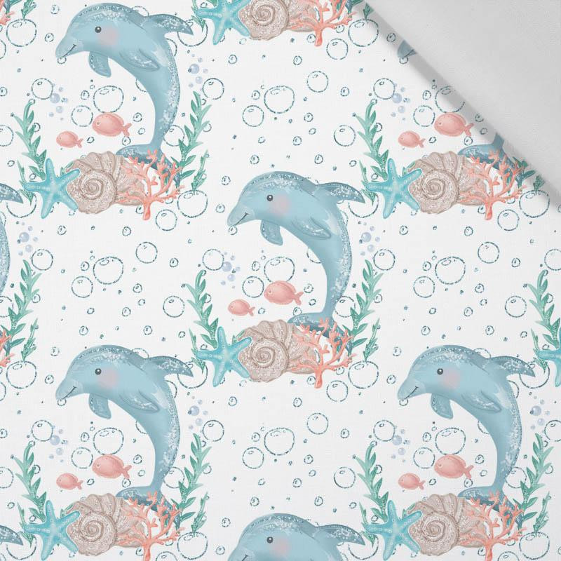 DOLPHINS pat. 3 (MAGICAL OCEAN) / white - Cotton woven fabric