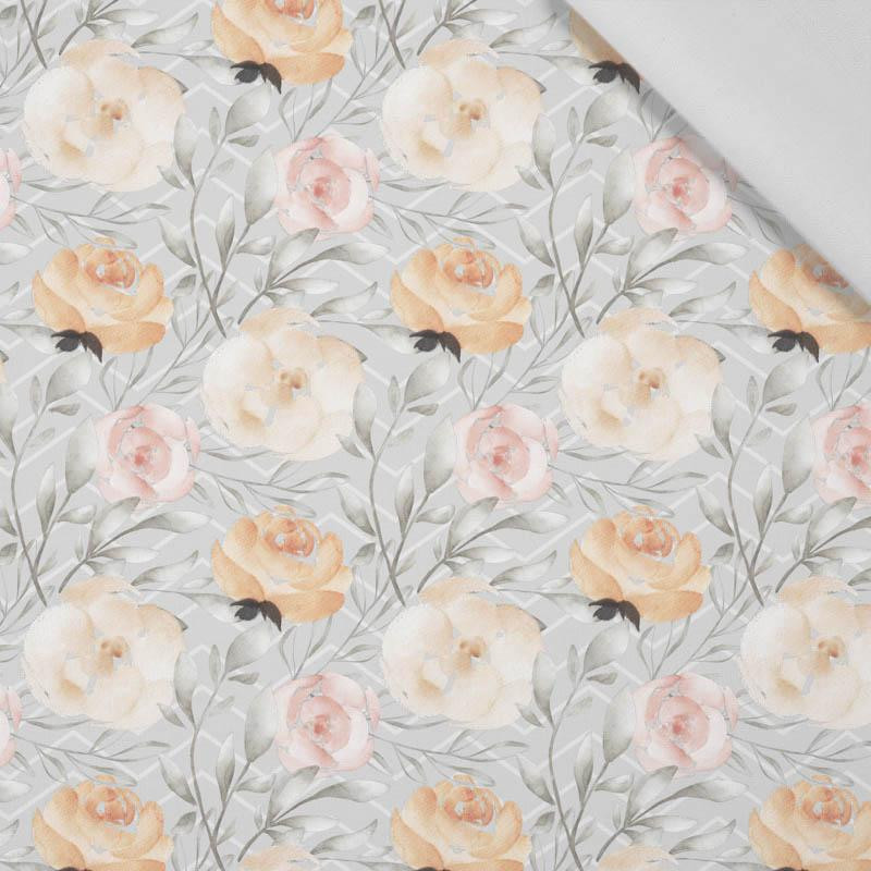 FLOWERS AND LEAVES pat. 7 / grey - Cotton woven fabric