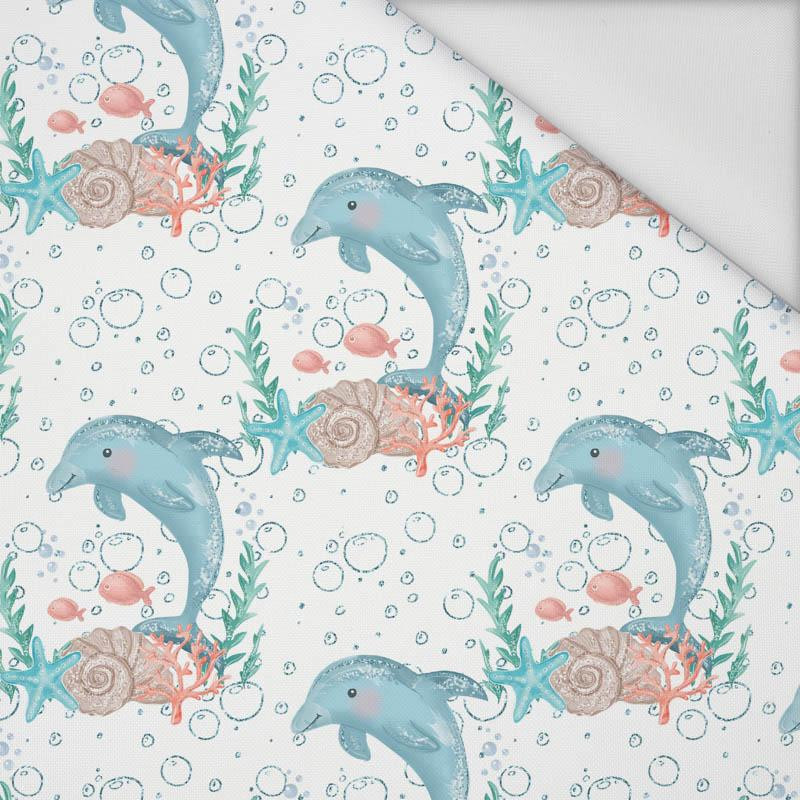DOLPHINS pat. 3 (MAGICAL OCEAN) / white - Waterproof woven fabric
