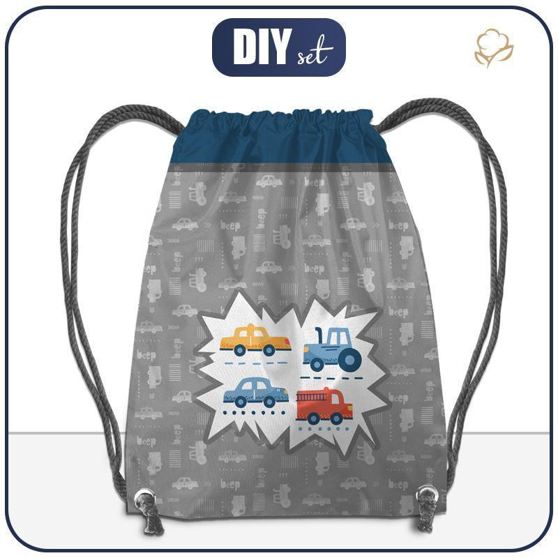 GYM BAG - VEHICLES pat. 2 / white (ADVENTURE BEGINS) - small