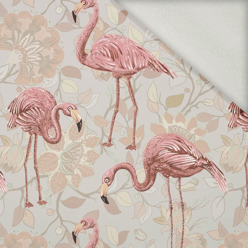 FLAMINGOS AND  TWIGS  - brushed knit fabric with teddy / alpine fleece