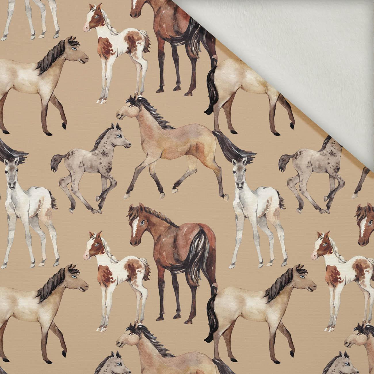 HORSES / beige - brushed knit fabric with teddy / alpine fleece