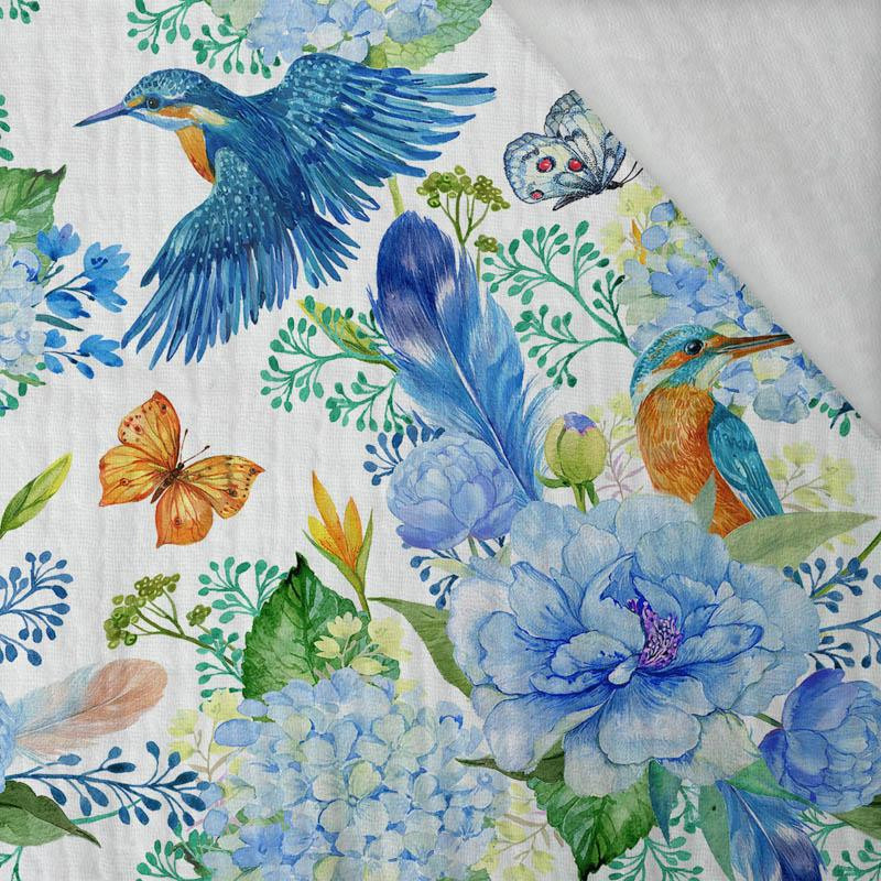 KINGFISHERS AND LILACS (KINGFISHERS IN THE MEADOW) / white - Cotton muslin