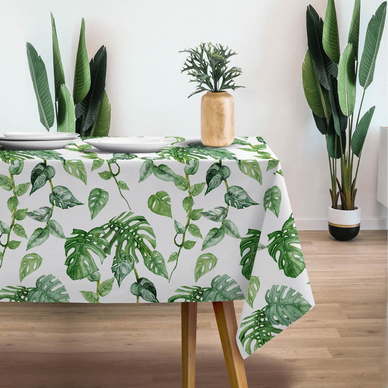ROPICAL LEAVES MIX pat. 2 / white (JUNGLE) - Woven Fabric for tablecloths
