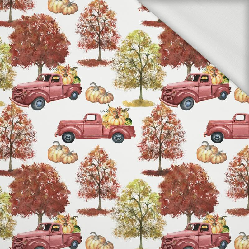 PUMPKINS ON THE PICKUP (trees) / white (PUMPKIN GARDEN) - looped knit fabric
