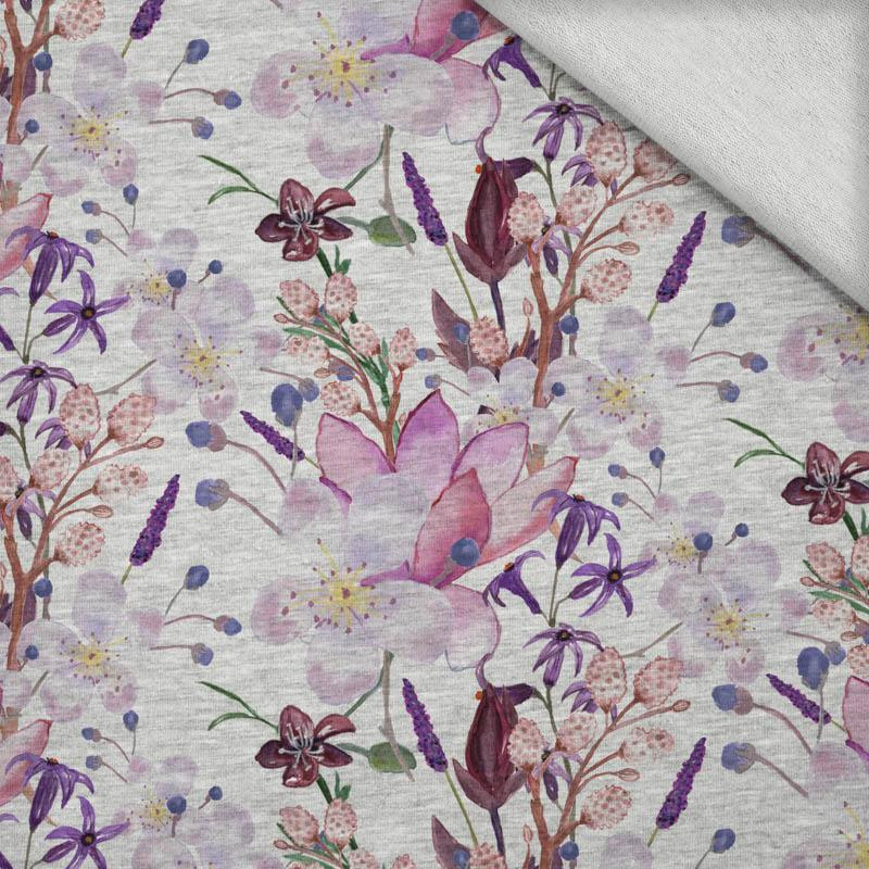APPLE BLOSSOM AND MAGNOLIAS PAT. 1 (BLOOMING MEADOW) / melange light grey - looped knit fabric