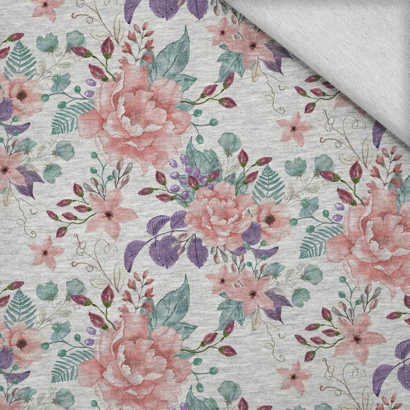 WILD ROSE FLOWERS PAT. 1 (BLOOMING MEADOW) / melange light grey - looped knit fabric
