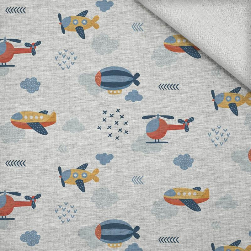 PLANES  pat. 2 / white (ADVENTURE BEGINS) / melange light grey - looped knit fabric