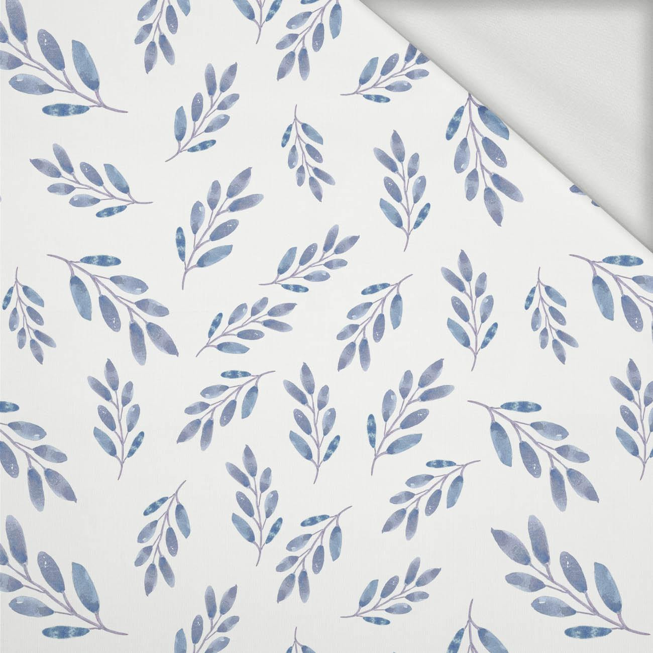 71cm BLUE LEAVES pat. 2 / white - looped knit fabric