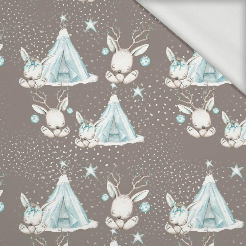 ANIMALS IN TIPI / dark beige (MAGICAL CHRISTMAS FOREST) - looped knit fabric
