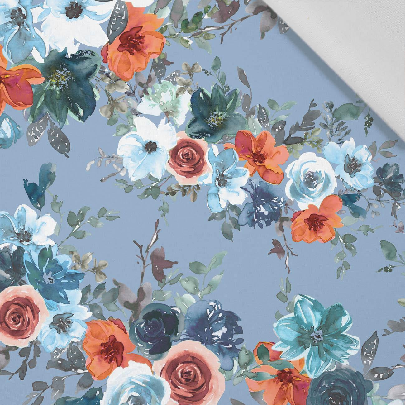 WATER-COLOR FLOWERS pat. 2 / light blue - Cotton woven fabric