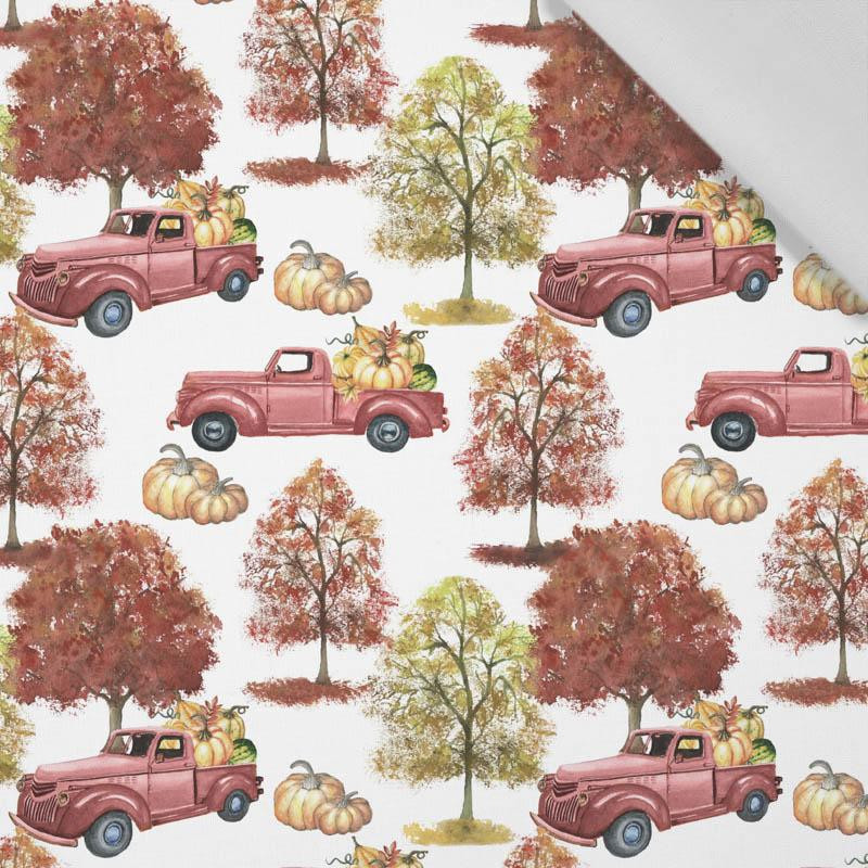 PUMPKINS ON THE PICKUP (trees) / white (PUMPKIN GARDEN) - Cotton woven fabric