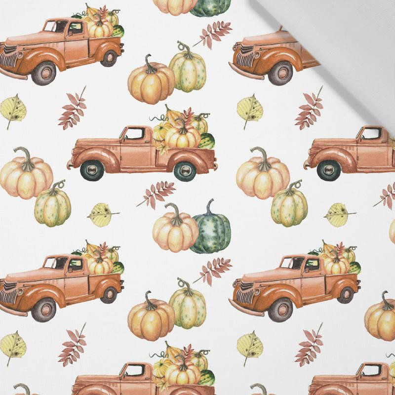 PUMPKINS ON THE PICKUP (leaves) pat. 2 / white (PUMPKIN GARDEN) - Cotton woven fabric