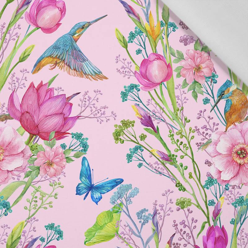 KINGFISHERS AND BUTTERFLIES (KINGFISHERS IN THE MEADOW) / pink - Cotton woven fabric
