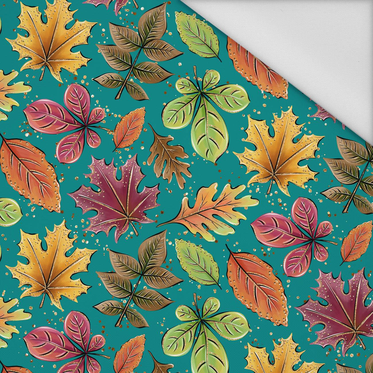 COLORFUL LEAVES MIX / emerald (GLITTER AUTUMN) - Waterproof woven fabric