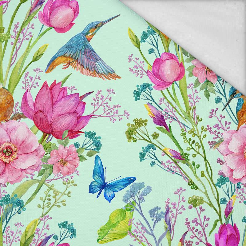 KINGFISHERS AND BUTTERFLIES (KINGFISHERS IN THE MEADOW) / mint - Waterproof woven fabric