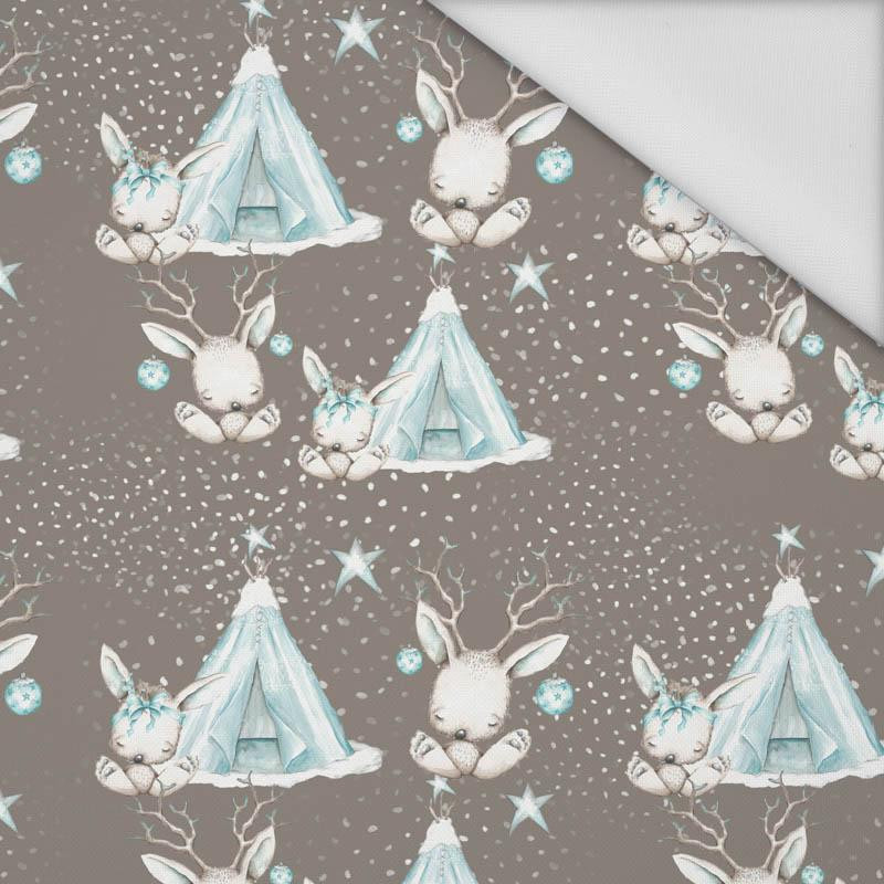 ANIMALS IN TIPI / dark beige (MAGICAL CHRISTMAS FOREST) - Waterproof woven fabric