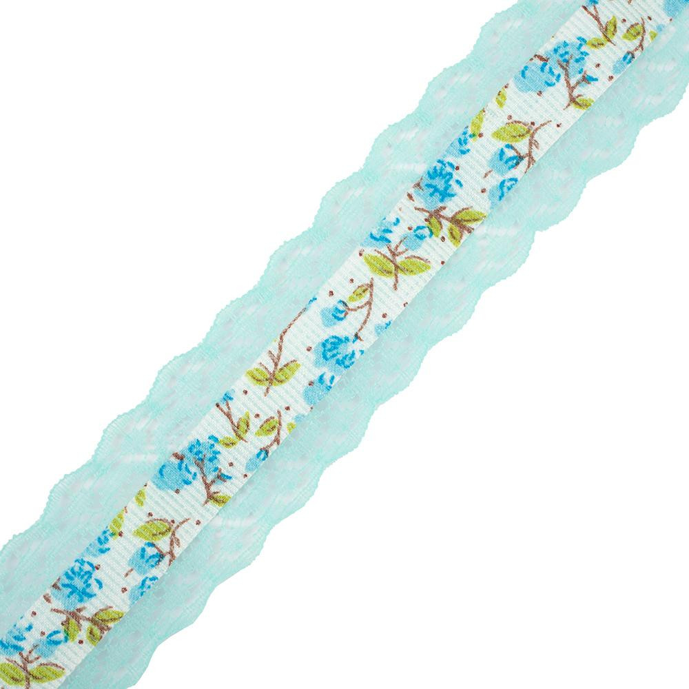 Grosgrain ribbon with lace 25 mm - aqua