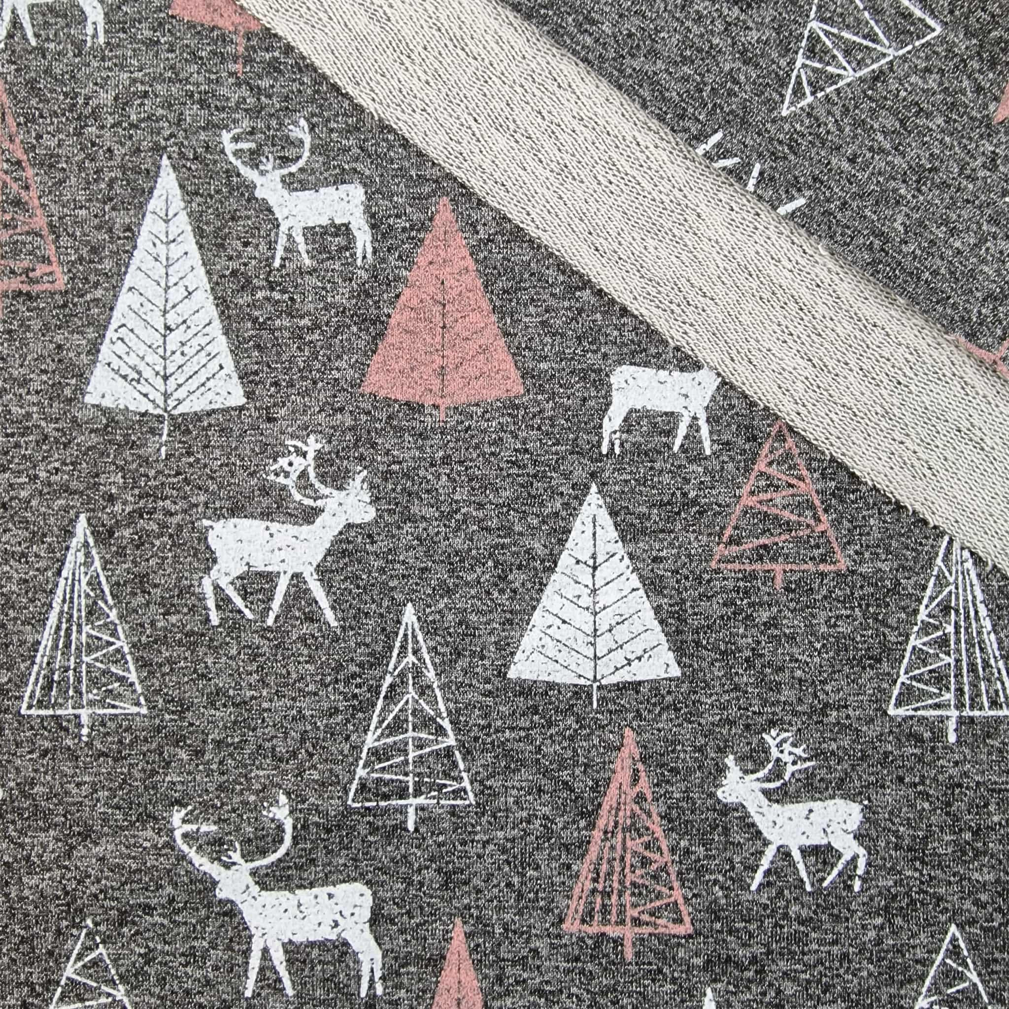 REINDEERS and CHRISTMAS TREES / eco melange - looped knit fabric
