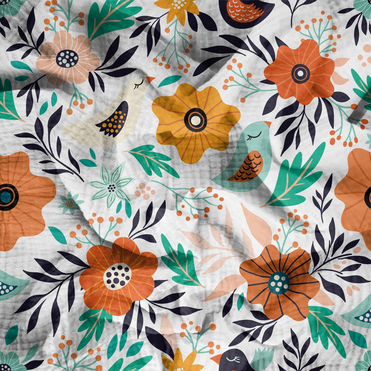 FOLK BIRDS 2.0 / white - Cotton muslin