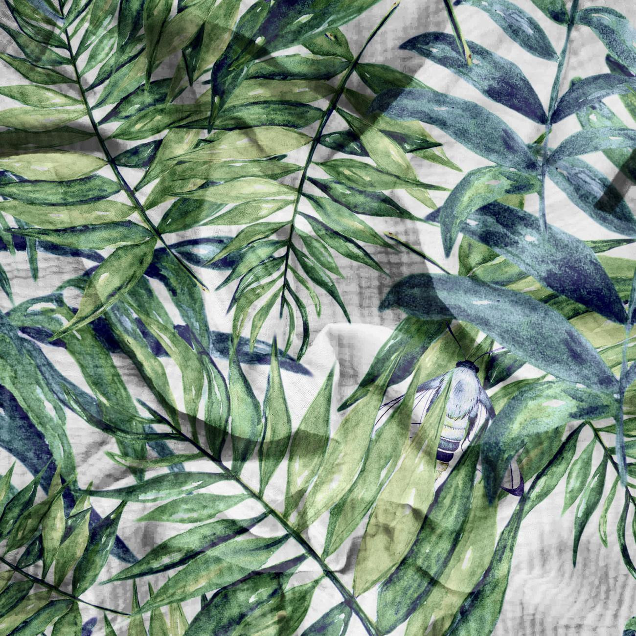 LEAVES AND INSECTS PAT. 6 (TROPICAL NATURE) / white - Cotton muslin