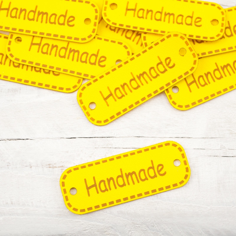 Leatherette label Handmade - yellow