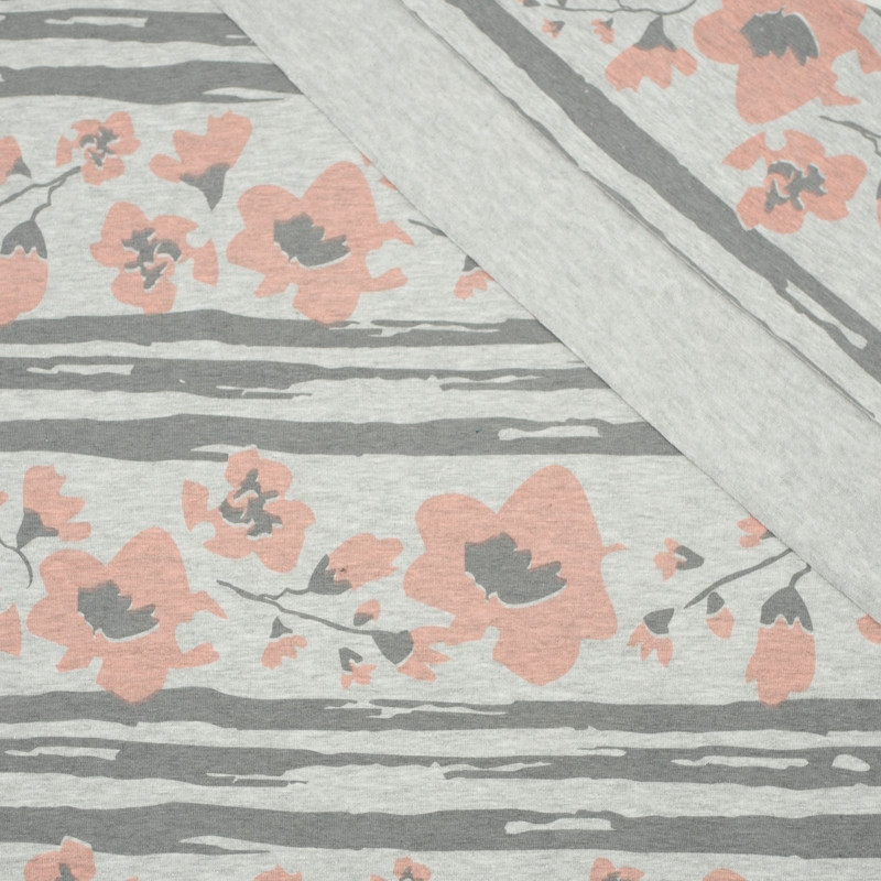 PAINTED FLOWERS PEACH / M-01 melange light grey - single jersey TE210