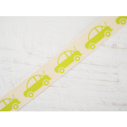 Cotton ribbon with lime cars -15mm