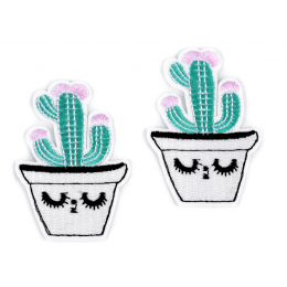 Embroidered iron-on Cactus -  flowerpot white