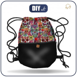 GYM BAG WITH POCKET - SKULLS pat. 4 / colorful (DIA DE LOS MUERTOS) - sewing set
