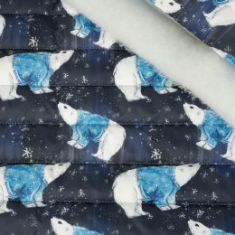 WHITE BEARS IN SWEATERS / NAVY (ENCHANTED WINTER ) - nylon fabric quilted in stripes