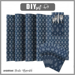 NAPKINS AND RUNNER - CHRISTMAS TREES AND SNOWFLAKES / acid dark blue (NORWEGIAN PATTERNS) - sewing set