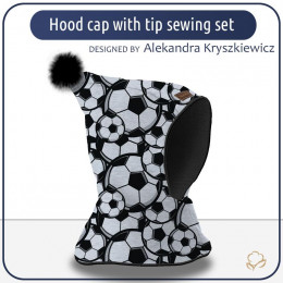 Kid’s hood cap sewing set  - FOOTBALLS / M-01 melange light grey - black
