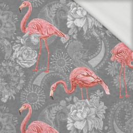 FLAMINGOS AND ROSES / grey - looped knit fabric