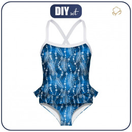 Girl's swimsuit - WHITE FEATHERS AND BEADS (CLASSIC BLUE)