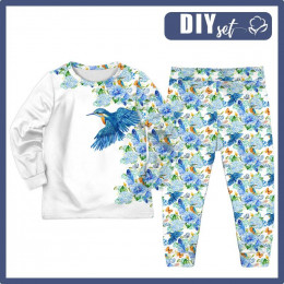 CHILDREN'S PAJAMAS " MIKI" - KINGFISHERS AND LILACS (KINGFISHERS IN THE MEADOW) - Elastic cotton knit fabric