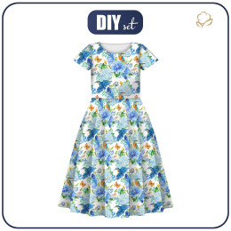 KID'S DRESS "MIA" - KINGFISHERS AND LILACS (KINGFISHERS IN THE MEADOW) / white - sewing set