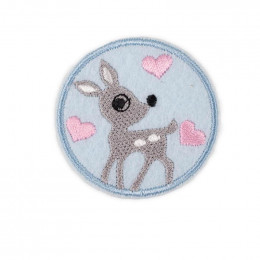 Embroidered iron-on DEER - hearts - baby blue