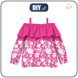 Bardot neckline blouse (VIKI) - FLOWERS (pattern no. 2 white) / fuchsie - sewing set