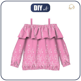 Bardot neckline blouse (VIKI) - LEAVES PAT. 3 / pink - sewing set