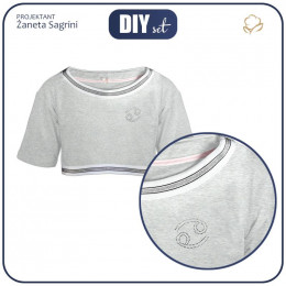 CROP TOP kid’s blouse with transfer rhinestones (NICOLE) - melange light grey 122-128 - sewing set