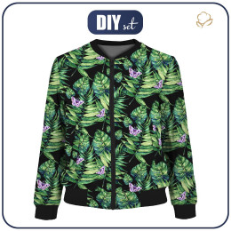 WOMEN’S BOMBER JACKET (KAMA) - MINI LEAVES AND INSECTS PAT. 4 (TROPICAL NATURE) / black - sewing set