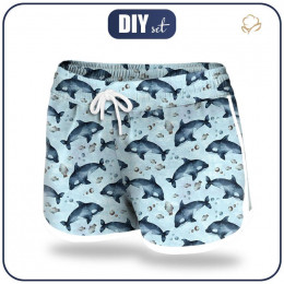 Women’s boardshorts - ORCAS (THE WORLD OF THE OCEAN) / CAMOUFLAGE pat. 2 (light blue) - sewing set