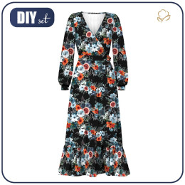 WRAP FLOUNCED DRESS (ABELLA) - WATER-COLOR FLOWERS pat. 2 / black - sewing set