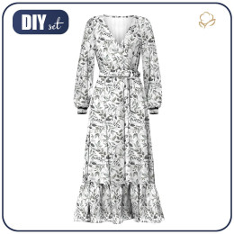 WRAP FLOUNCED DRESS (ABELLA) - GRAY LEAVES - sewing set