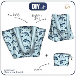 XL bag with in-bag pouch 2 in 1 - ORCAS (THE WORLD OF THE OCEAN) / CAMOUFLAGE pat. 2 (light blue) - sewing set